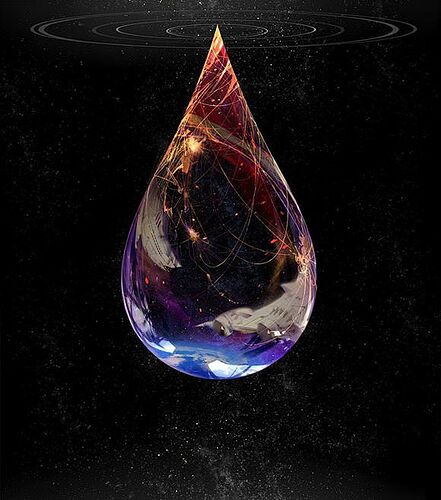 The image depicts a large, colorful droplet with a network of lines and dots inside it, set against a black background with a subtle starry sky effect.  (Captioned by AI)