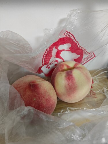 Two peaches in a clear plastic bag. (由 AI 生成标题)