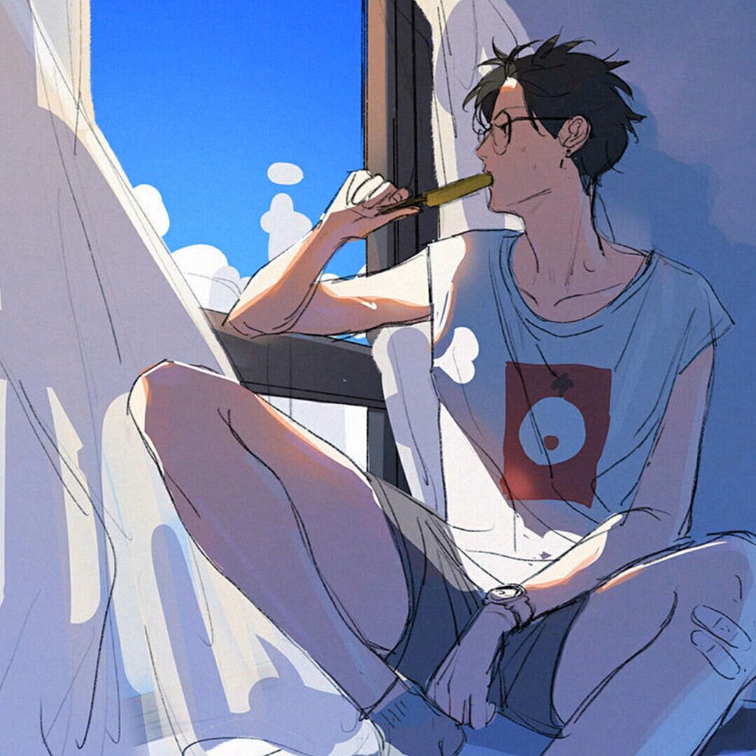 A young man with glasses is sitting on a window sill, holding a banana in his mouth and looking out the window.  (Captioned by AI)|500x500