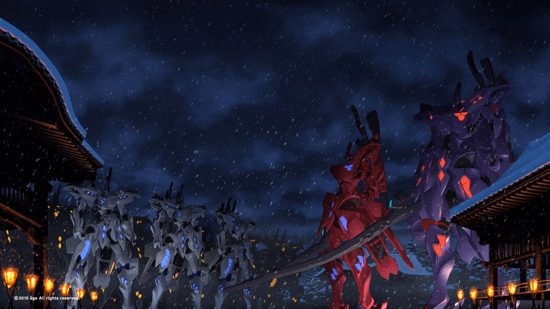 The image depicts a group of robots in a snowy setting, with a large purple robot standing in front of a building. (Captioned by AI)|690x388