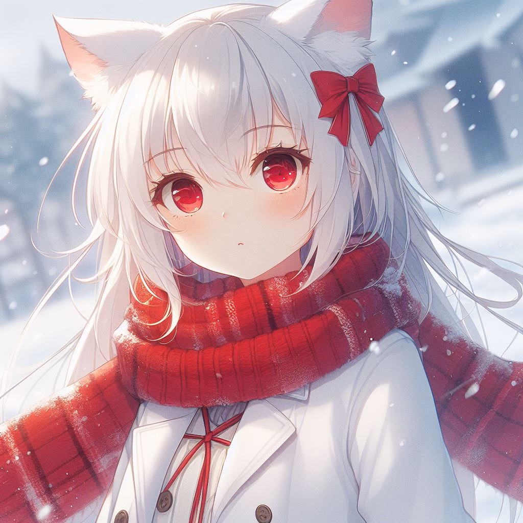 A cute anime-style girl with white hair, red eyes, and a red scarf.  (Captioned by AI)|500x500