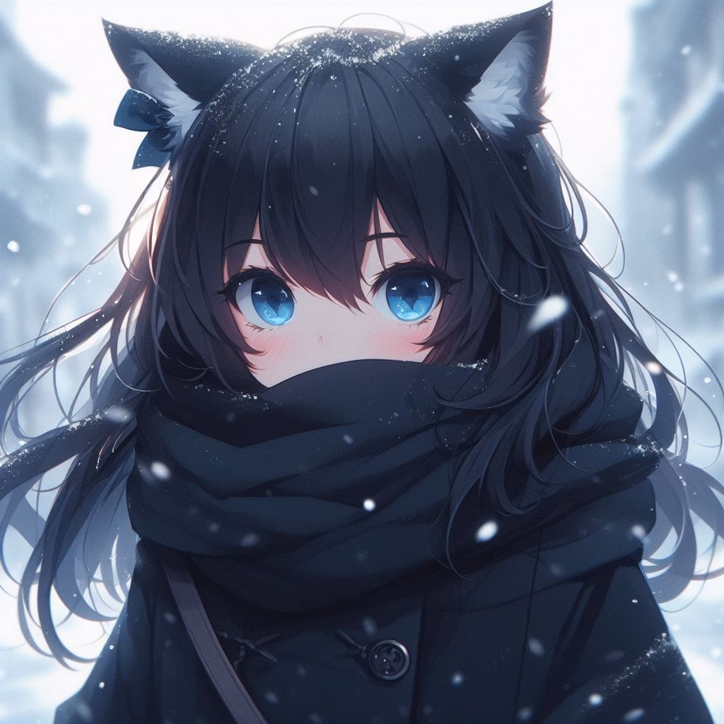 An animated girl with blue eyes, wearing a black scarf, stands in a snowy city street.  (Captioned by AI)|500x500
