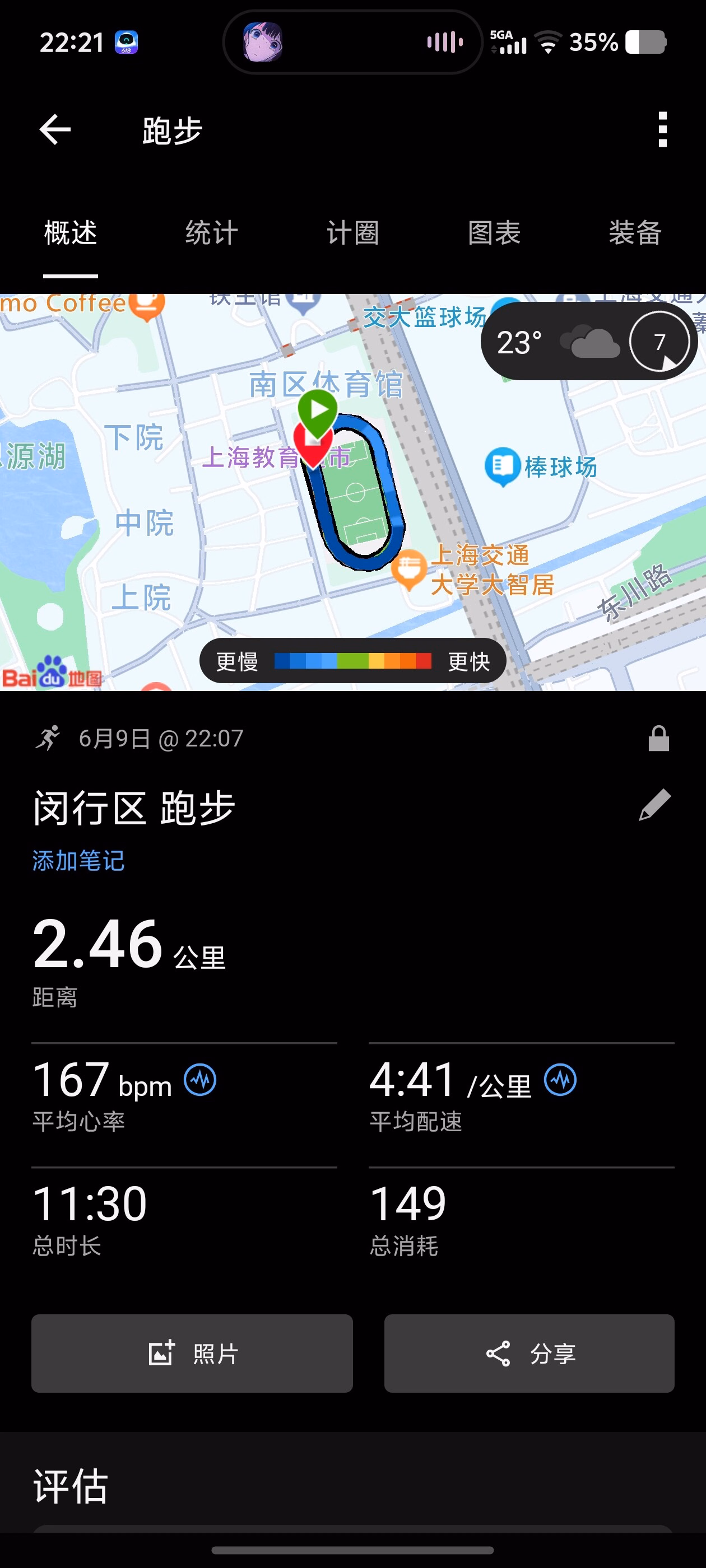 这张图片显示了一个跑步应用的界面，记录了 6 月 9 日 22:07 的跑步数据，包括 2.46 公里距离，167 bpm 平均心率，4:41/公里平均配速和 11:30 的跑步时长。 (由 AI 生成标题)|225x500