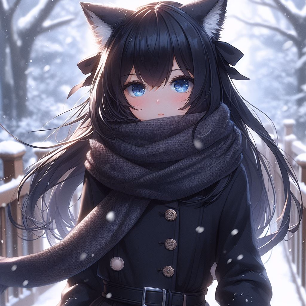 The image is a digital artwork of an anime-style female character with cat ears, wearing a black coat and scarf, standing in a snowy setting with a bridge in the background.  (Captioned by AI)|500x500