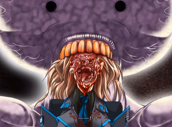 The image depicts an animated character with a monstrous, bloody face and a large, purple, tentacle-like creature in the background.  (Captioned by AI)|552x408