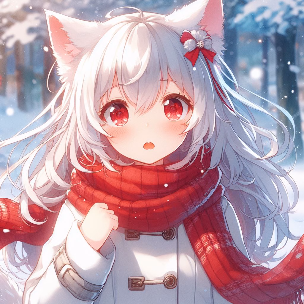 This is an anime-style illustration of a young girl with white hair, red eyes, and a red scarf, standing in a snowy forest.  (Captioned by AI)|500x500